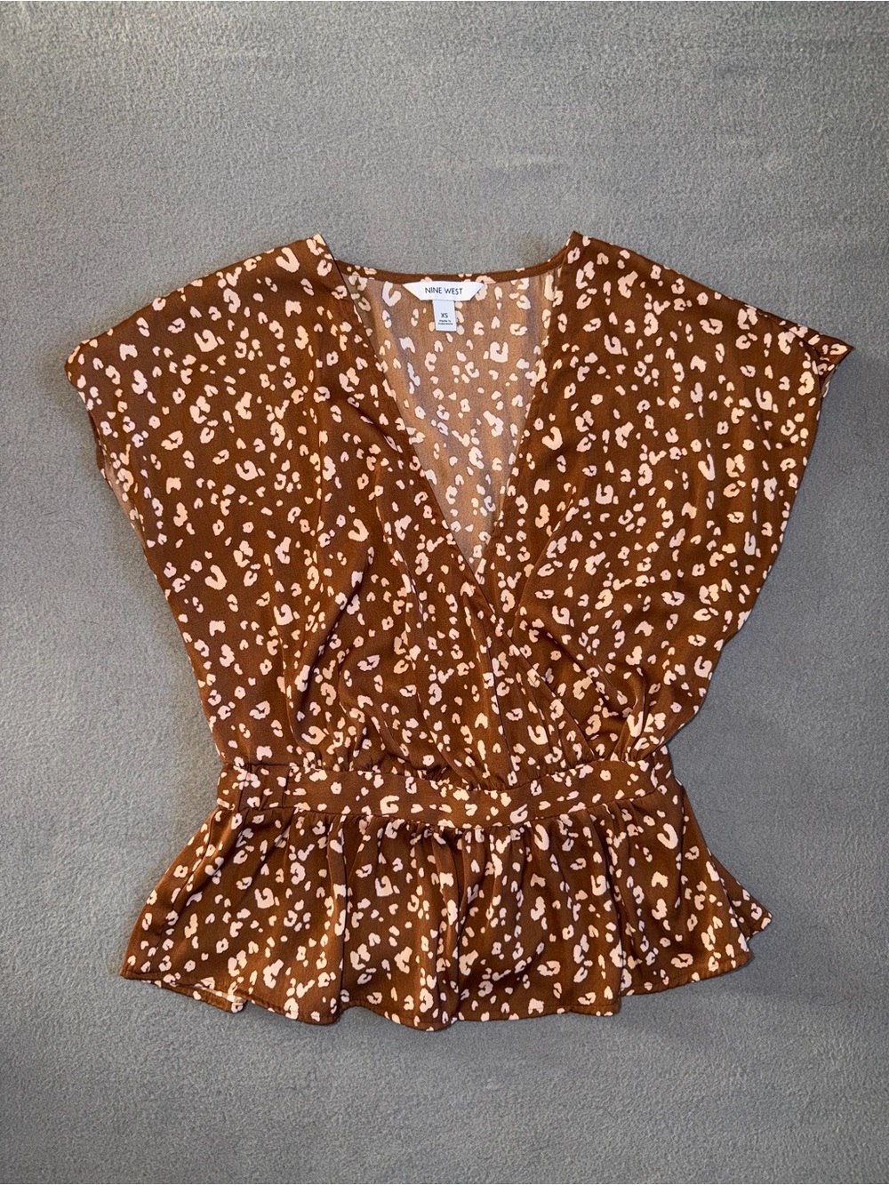 Nine West Chestnut Brown Printed Wrap Peplum Blouse